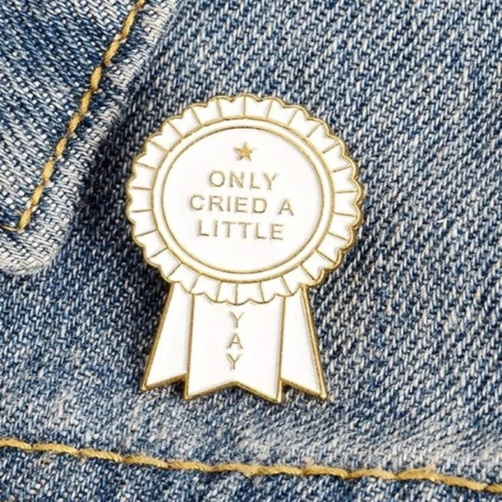 Pink gold ribbon only cried once yay enamel brooch pin denim bag hat clothes